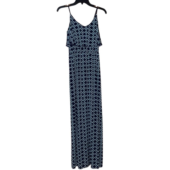 •TRIXXI•NAVY AND MINT TURQUOISE BOHO RUFFLE CHEST MAXI DRESS SIZE MEDIUM EUC - Picture 2 of 12